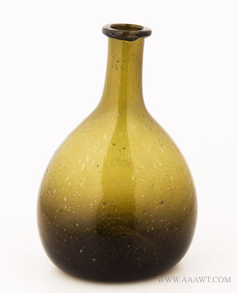Chestnut Bottle, Free Blown Globular Flask, Olive Green, Seed Bubbles
New England, Circa 1780 to 1830, entire view